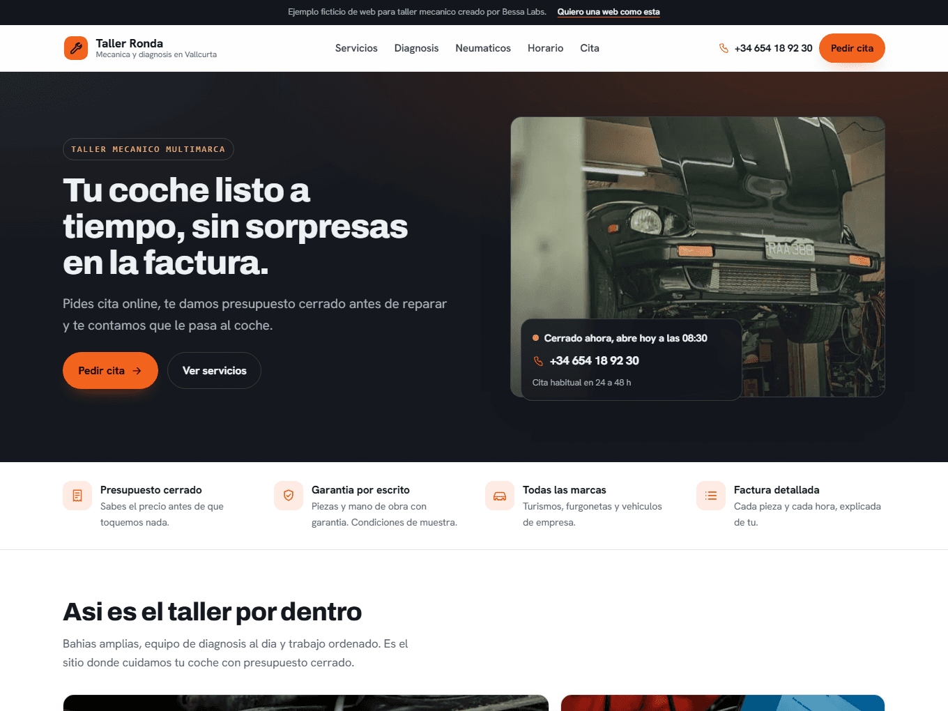 Captura de la web demo de Web para Talleres